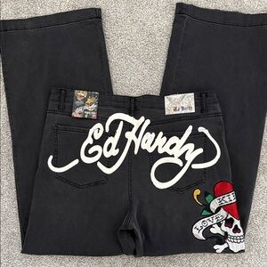 Ed Hardy Black Wide Leg love kills slowly, embroidered jeans